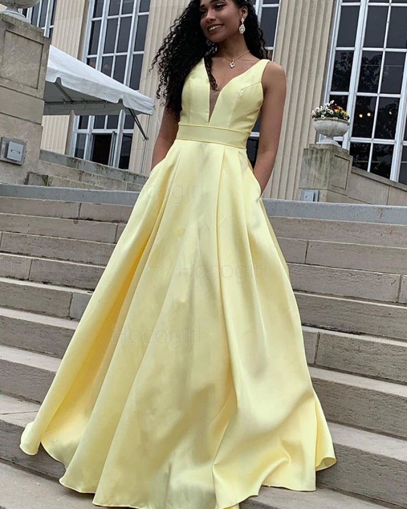 Deep V-neck Simple Yellow Satin Prom Dress with Pockets PD1634