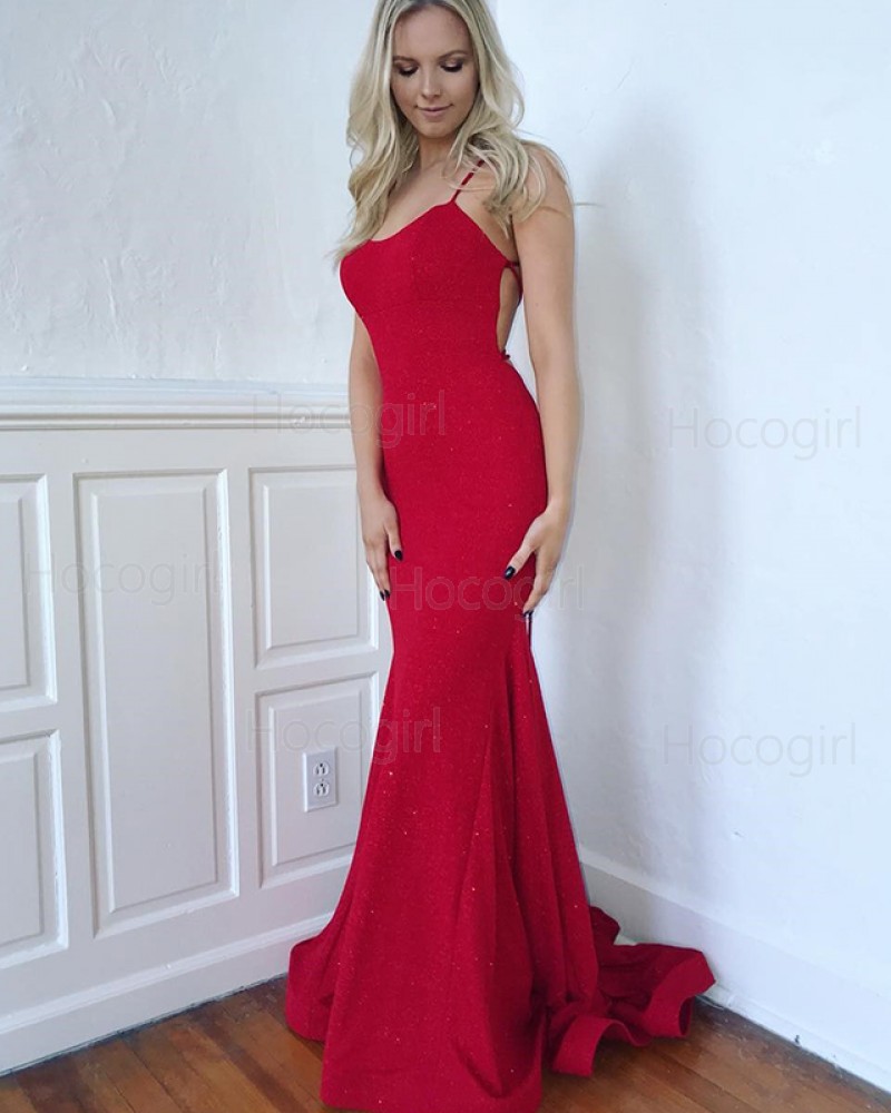 Spaghetti Straps Sparkle Red Mermaid Prom Dress PD1640