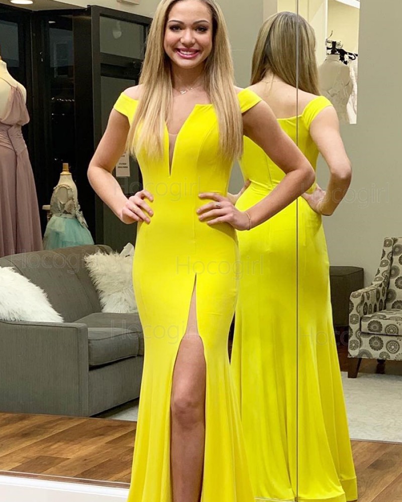 Off the Shoulder Chiffon Simple Yellow Mermaid Prom Dress with Side Slit PD1651