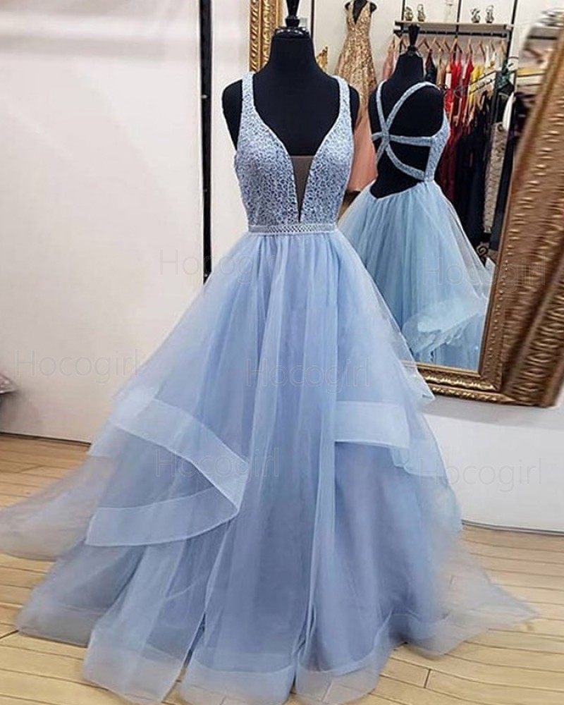 V-neck Beading Bodice Sky Blue Ruffled Tulle Prom Dress PD1711