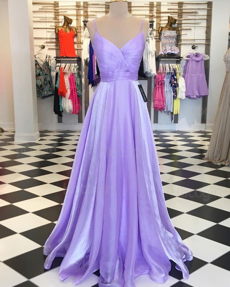 Spaghetti Straps Lavender Tulle Ruched Simple Prom Dress PD1740