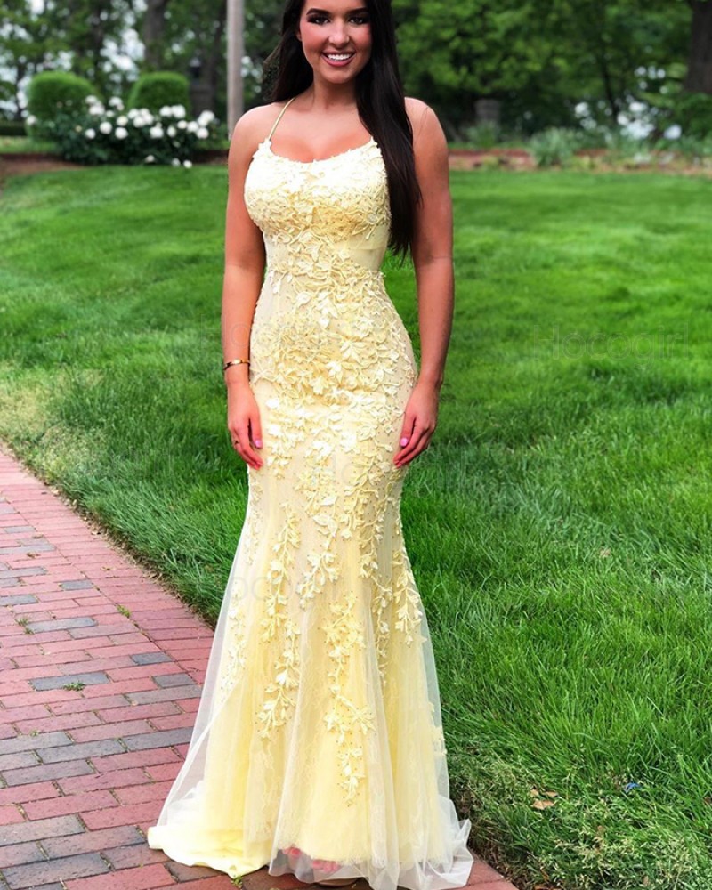 Spaghetti Straps Light Yellow Lace Mermaid Prom Dress PD1775