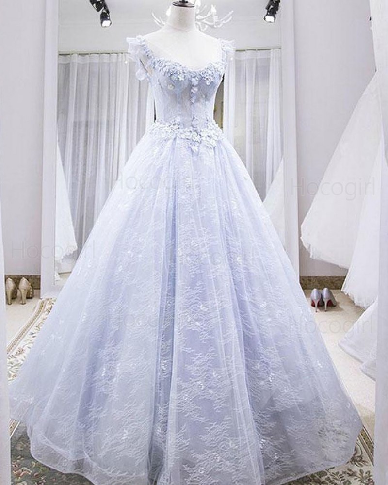 Scoop Lace Light Blue Evening Dress with 3D Flowers PD1776