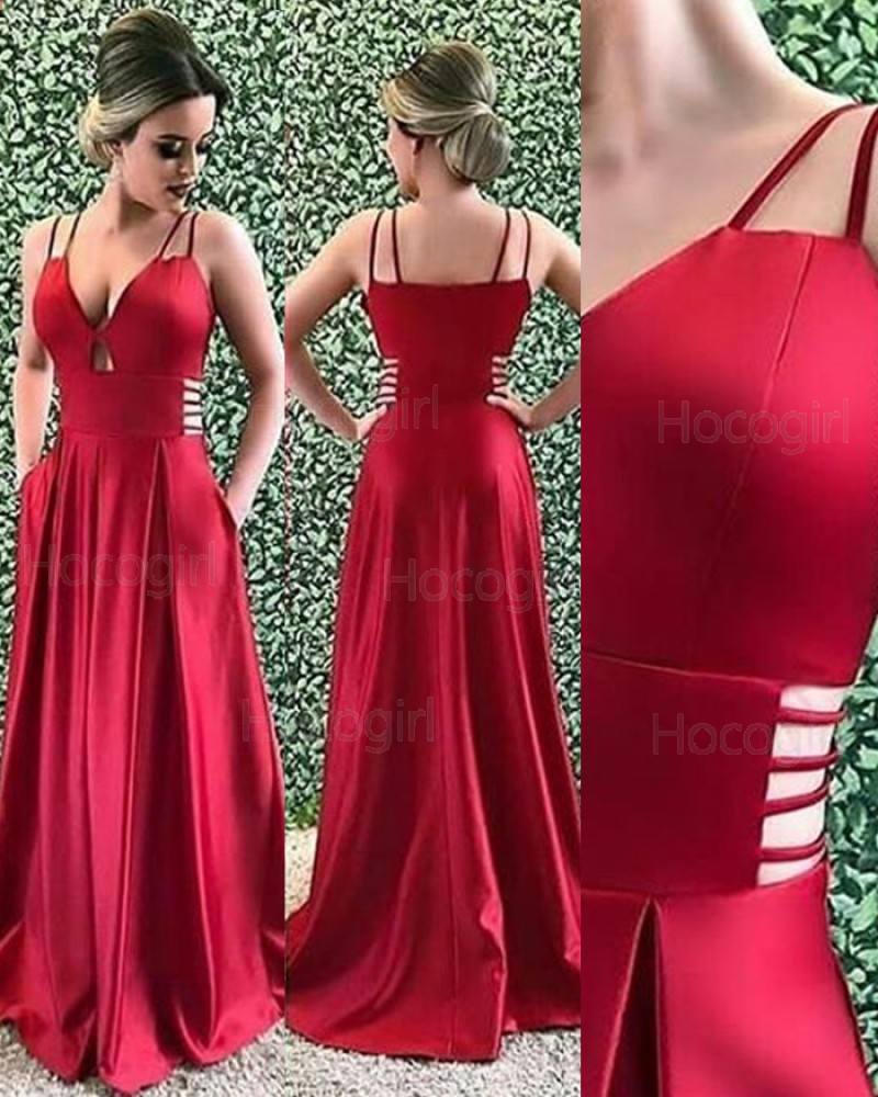 Double Straps Burgundy Satin Cutout Prom Dress with Pockets PD1791