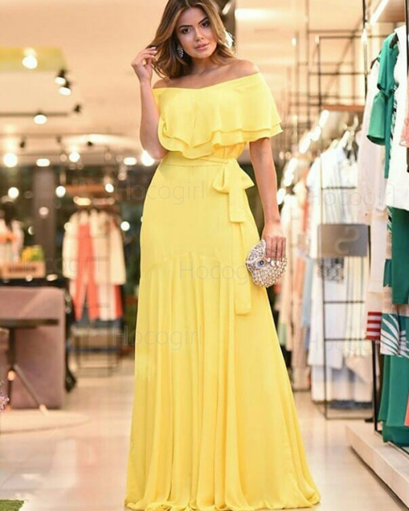 Off the Shoulder Chiffon Pleated Yellow Prom Dress PD1792