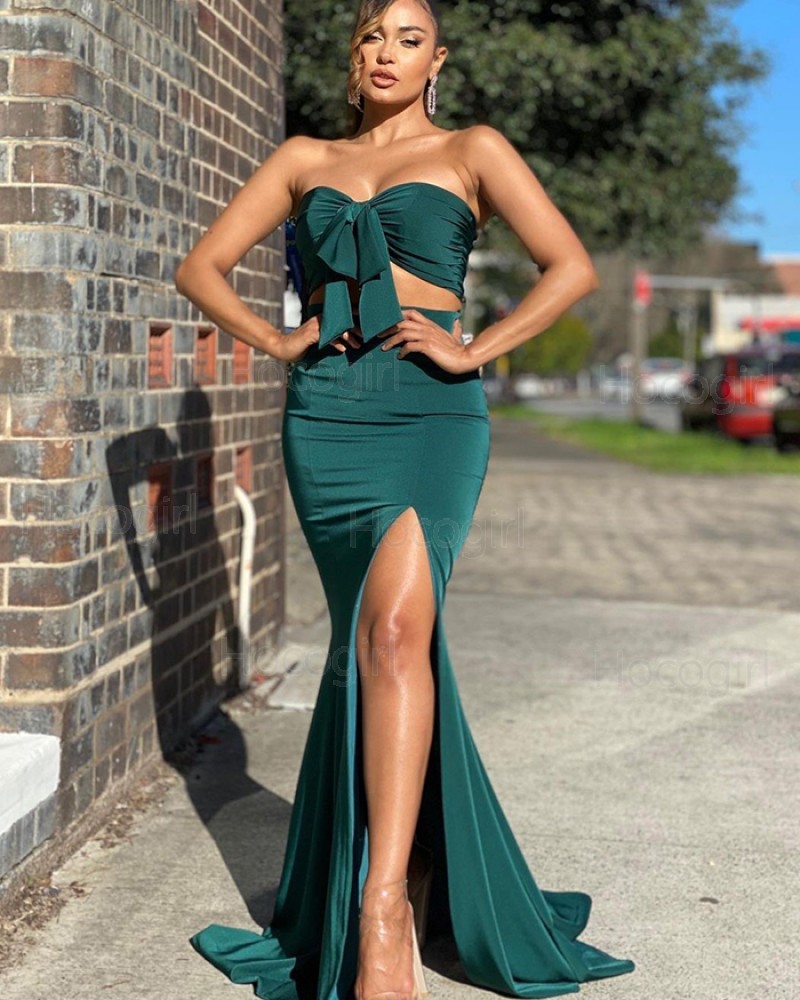 Simple Two Piece Green Knotted Bodice Satin Mermaid Prom Dress with Side Slit PD2013
