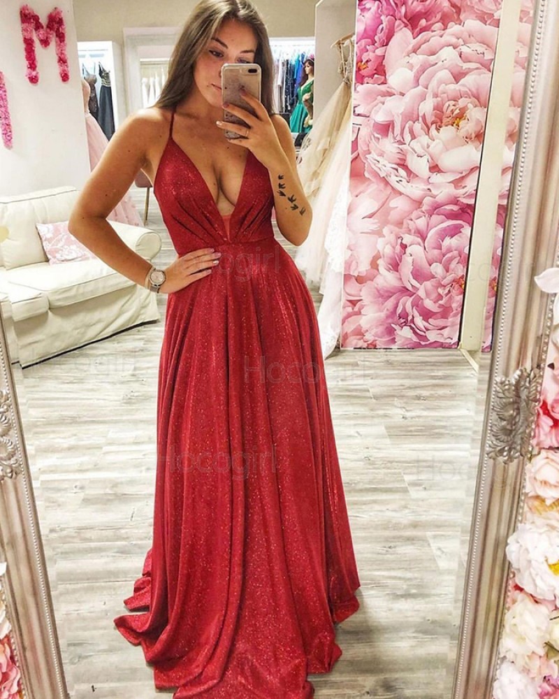Spagehtti Straps Metallic Red Ruched Prom Dress PD2020