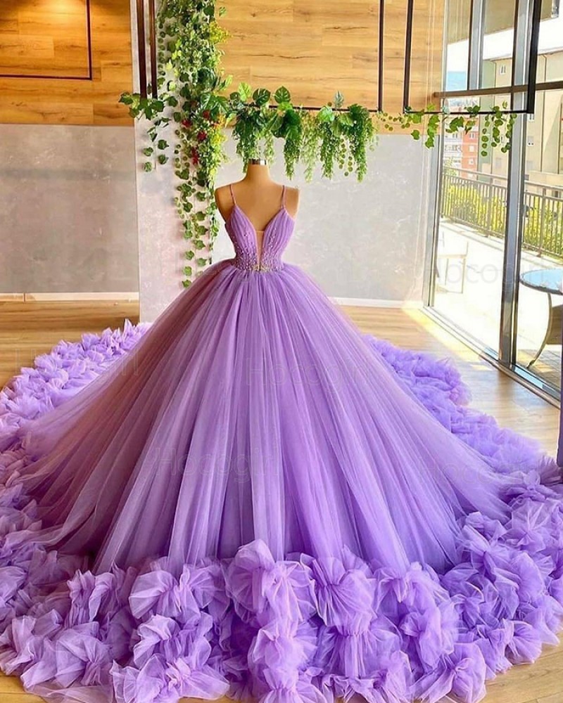Spaghetti Straps Lavender Beading Bodice Tulle Evening Dress with Handmade Flowers PD2030