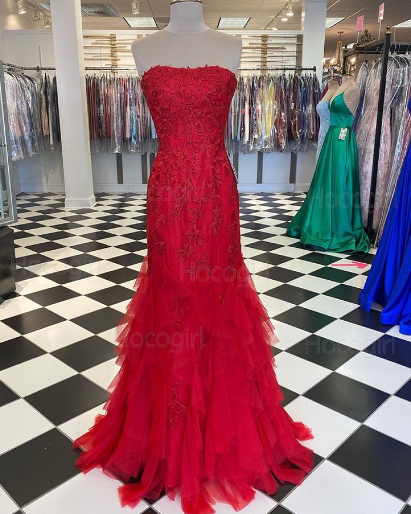 Strapless Lace Applique Red Ruffle Mermaid Prom Dress PD2039
