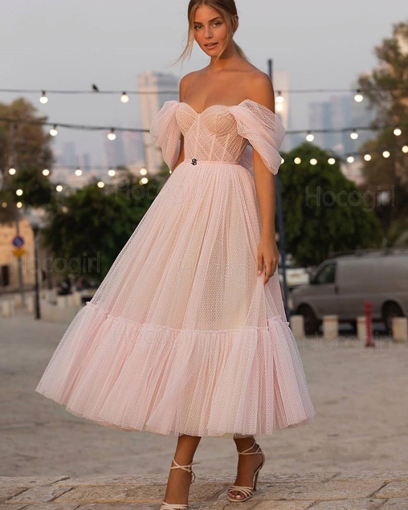 Off the Shoulder Light Pink Tulle Ankle Length Polka Dots Pleated Graduation Dress PD2057
