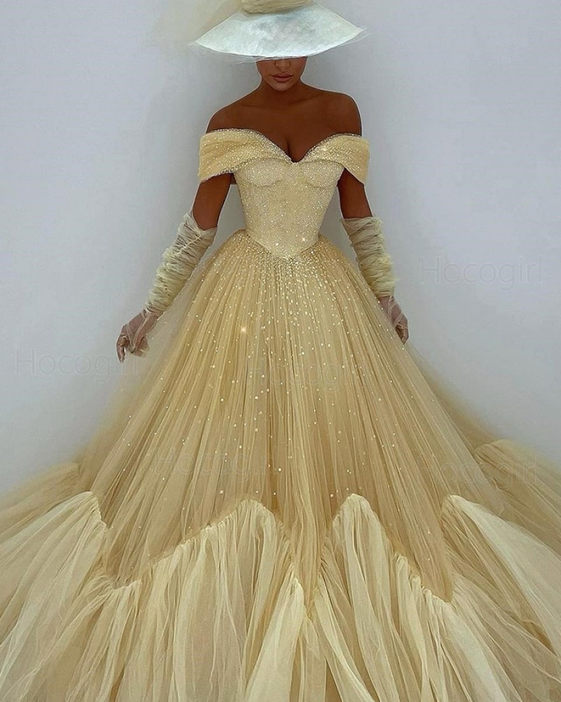 Off the Shoulder Light Yellow Glitter Pleated Evening Dress with Long Sleeves PD2099