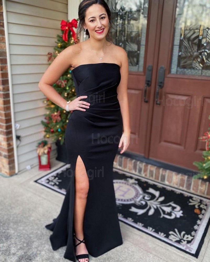 Simple Strapless Black Satin Ruched Mermaid Prom Dress with Side Slit PD2100