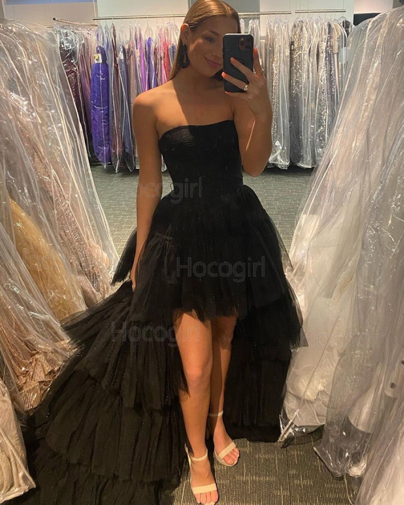 High Low Strapless Black Tulle Prom Dress with Layered Skirt PD2142