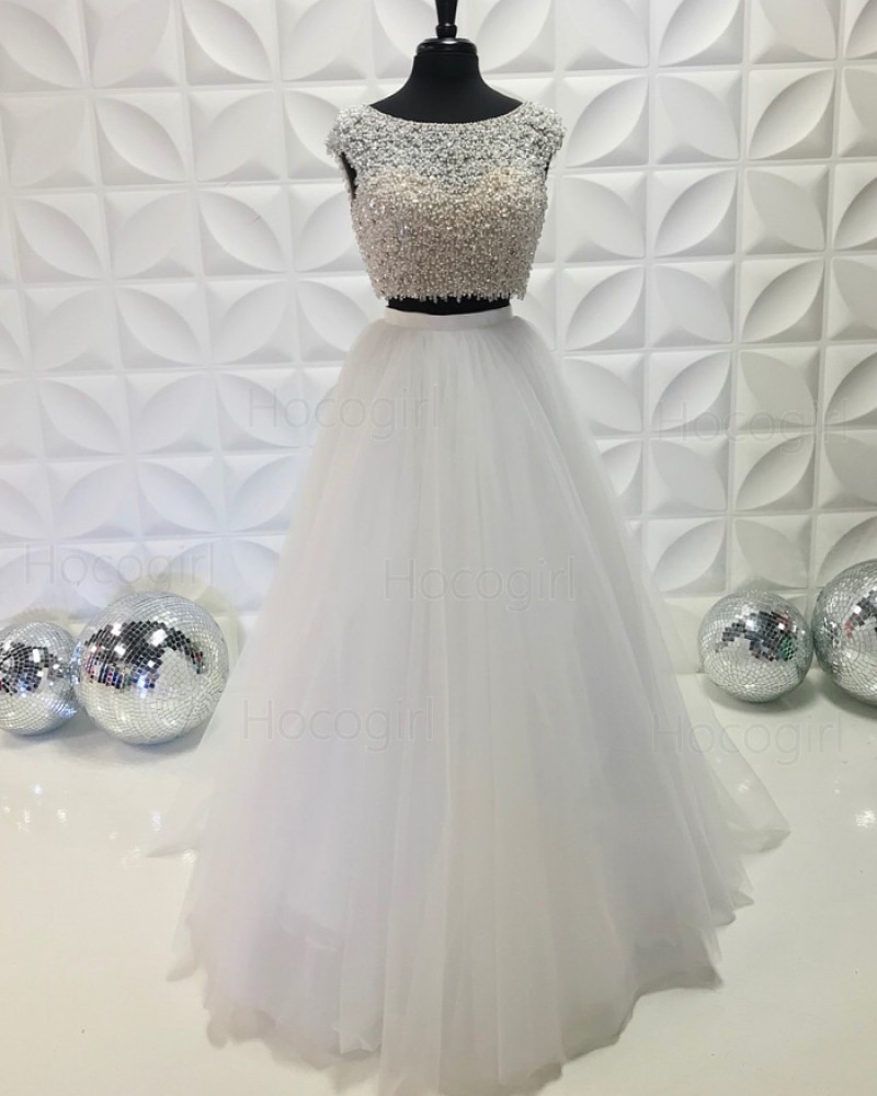 Two Piece White Jewel Neckline Beading Bodice Prom Dress with Tulle Skirt PD2192