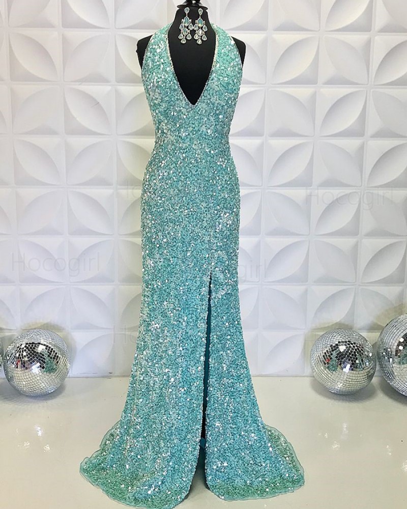 Lake Blue Sequin V-neck Mermaid Formal Dress with Side Slit PD2198