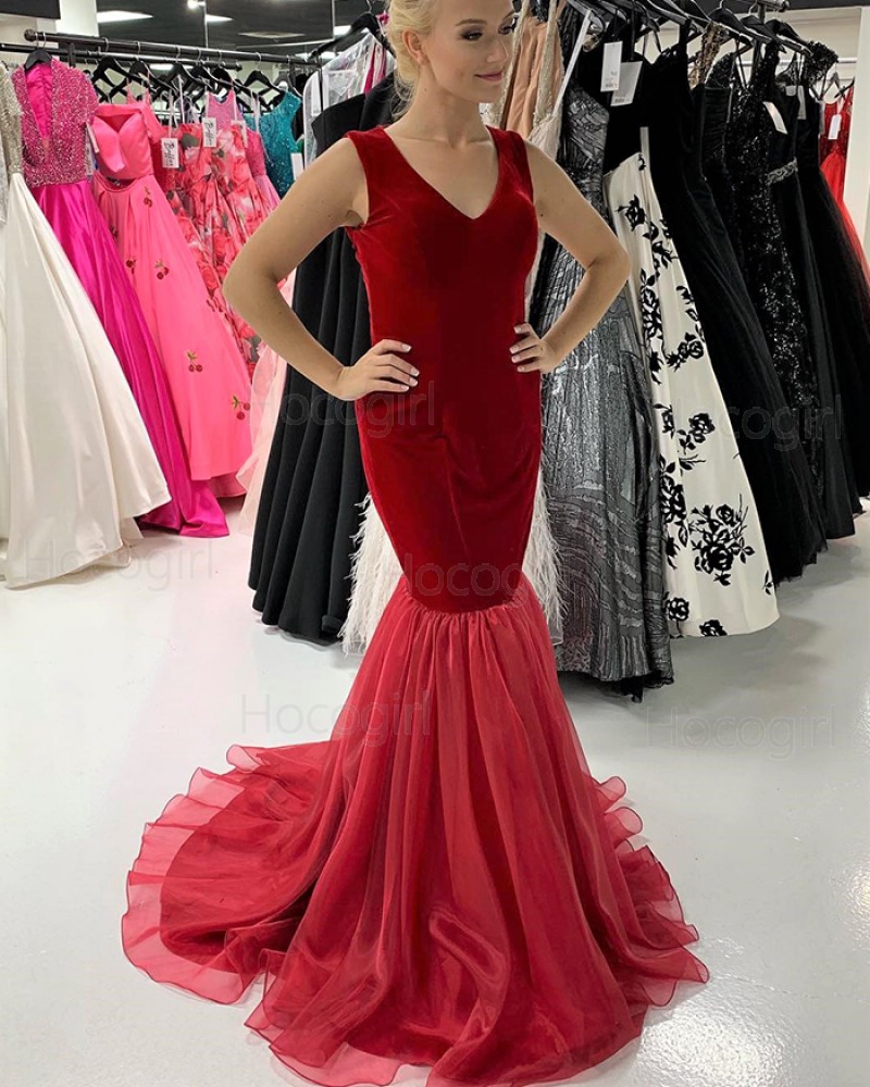 V-neck Red Velvet Mermaid Long Formal Dress with Tulle Skirt PD2203