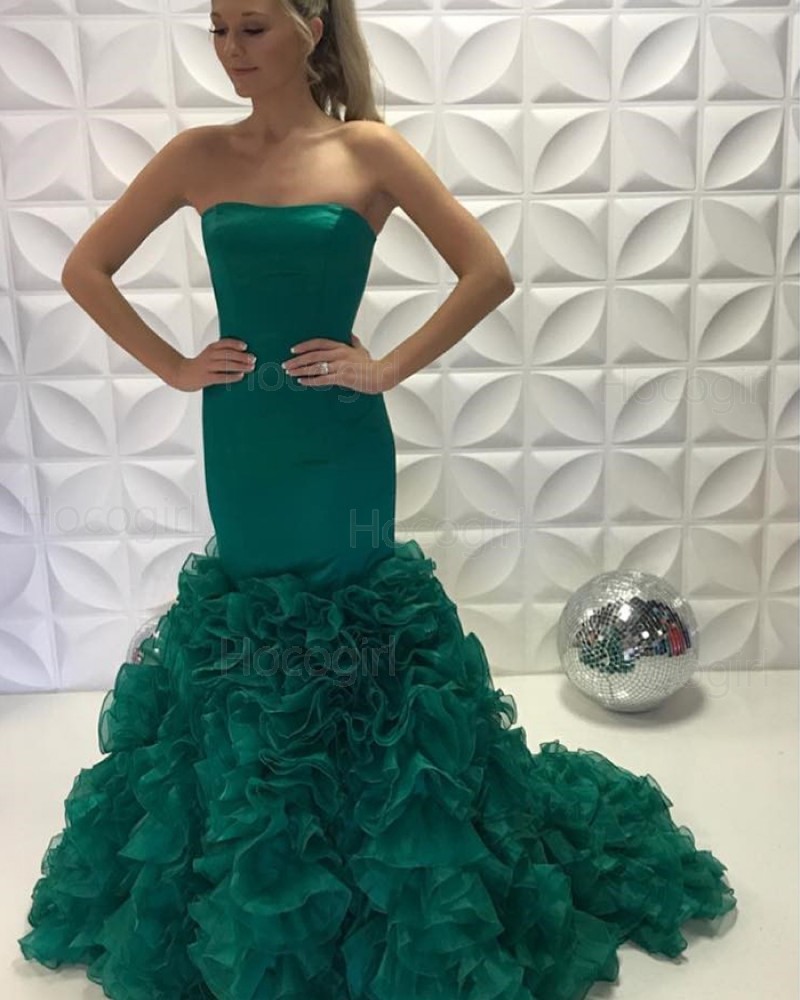 Strapless Green Satin Ruffled Mermaid Long Prom Dress PD2226