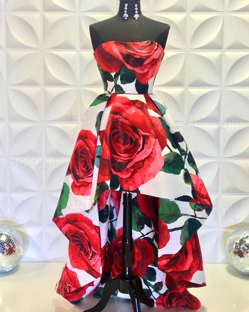 Strapless High Low Rose Print Prom Dress PD2231