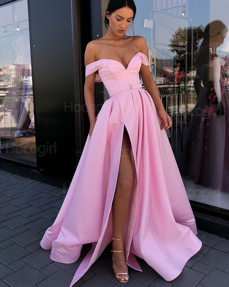 Off the Shoulder Pink Pleated Satin Prom Dress with Side Slit PD2247