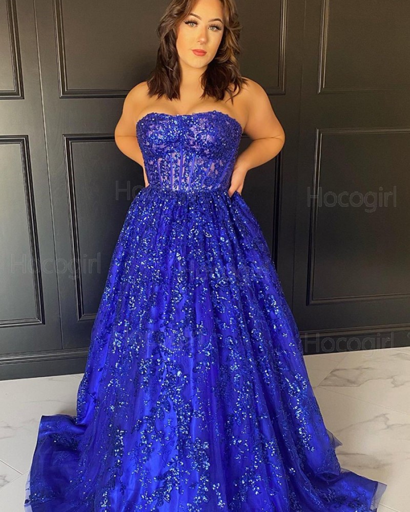 Strapless Royal Blue Sequin A-line Prom Dress PD2256