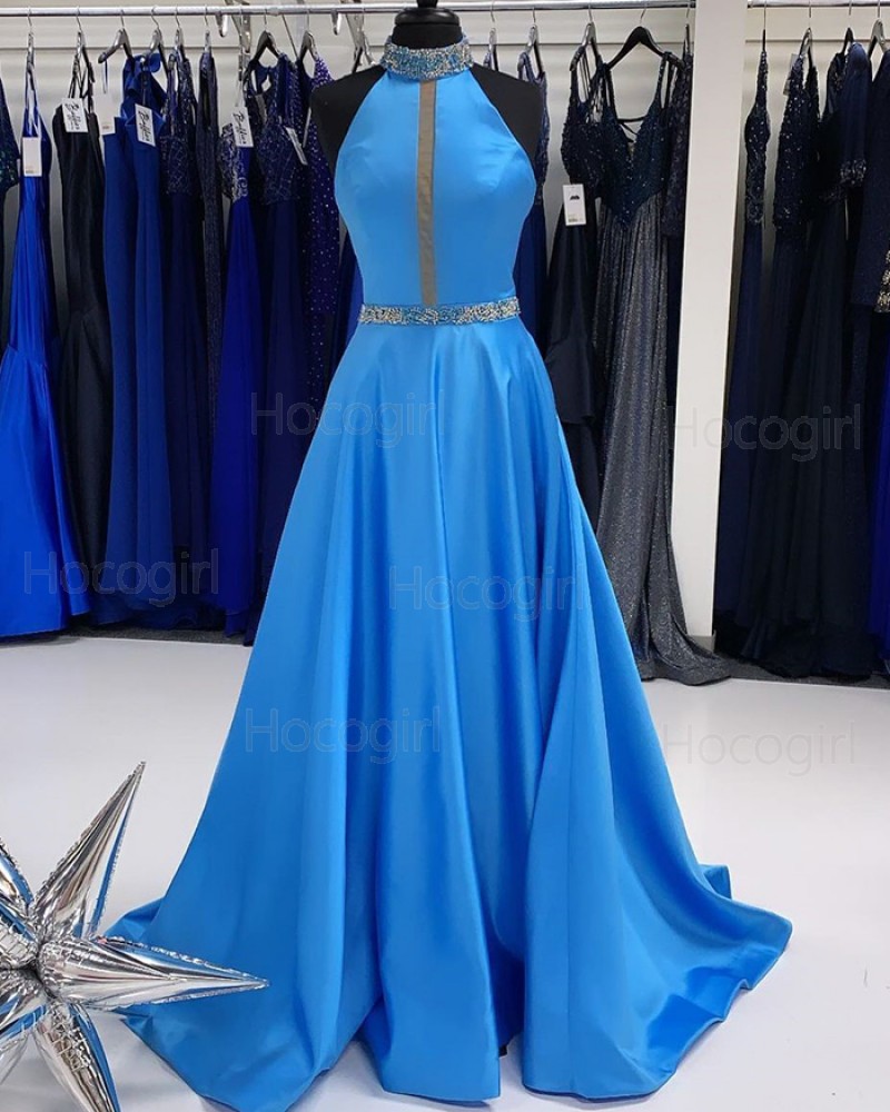 High Neck Beading Blue Satin A-line Prom Dress PD2262