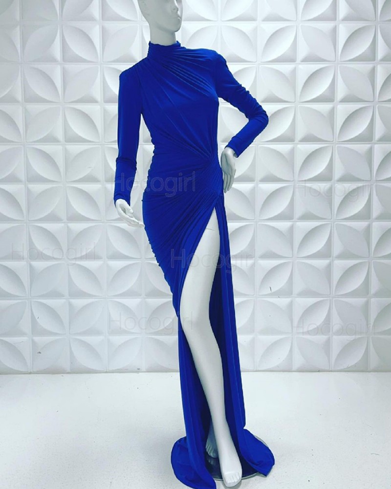 Simple High Neck Blue Sheath Long Sleeve Evening Dress with Side Slit PD2266