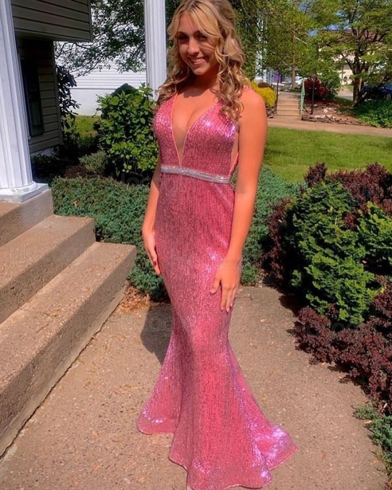 V-neck Rose Red Sequin Mermaid Prom Dress with Beading Belt PD2277