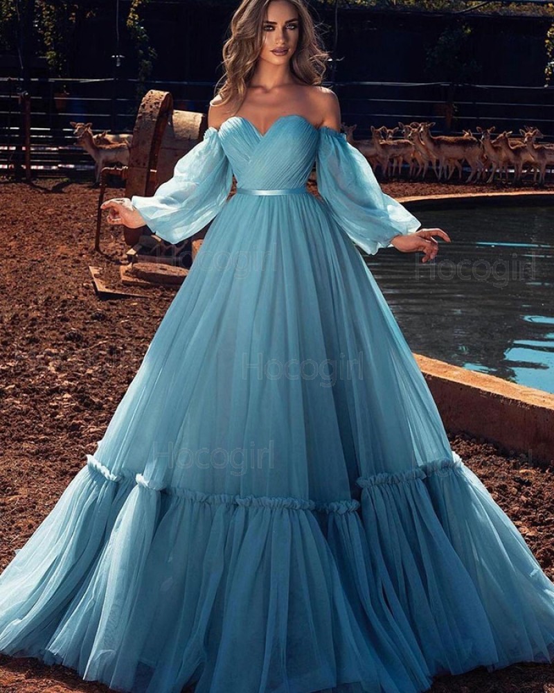 Off the Shoulder Ruched Tulle Blue Prom Dress with Long Sleeves PD2297