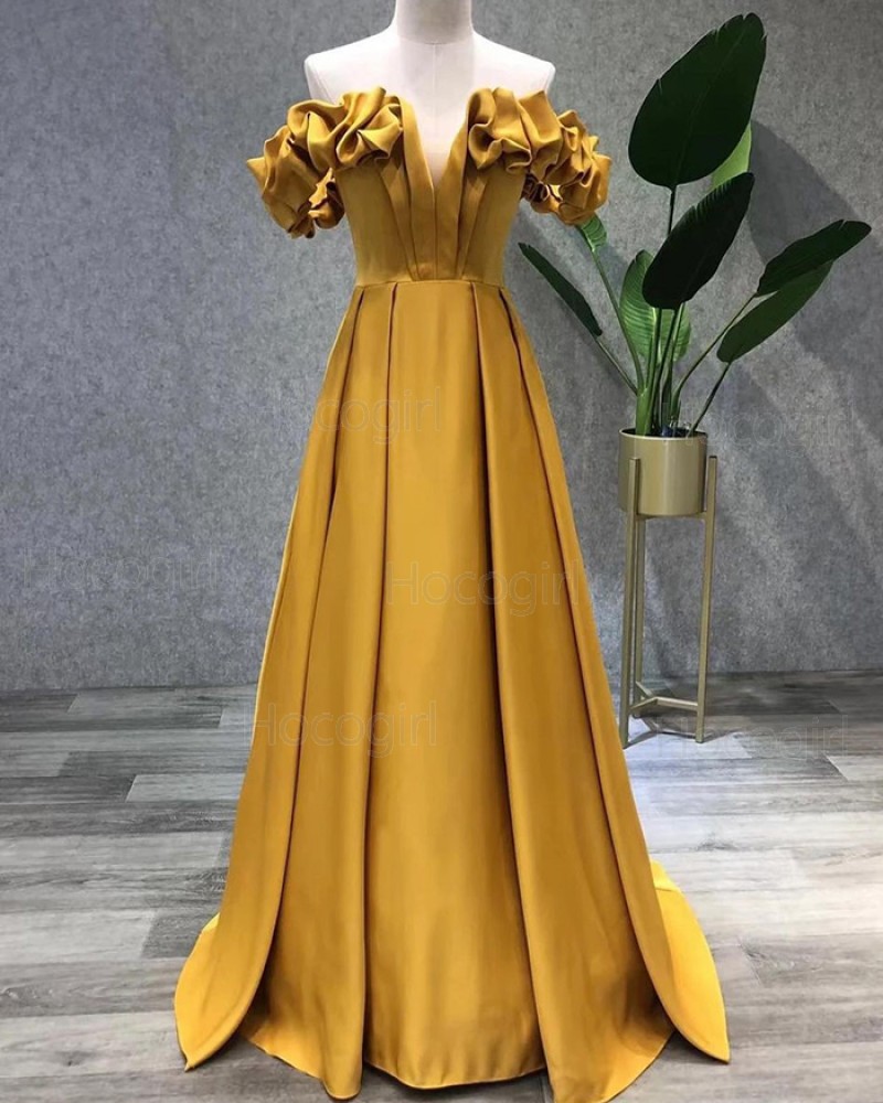 Off the Shoulder Gold Satin Pleated Evening Dress PD2302