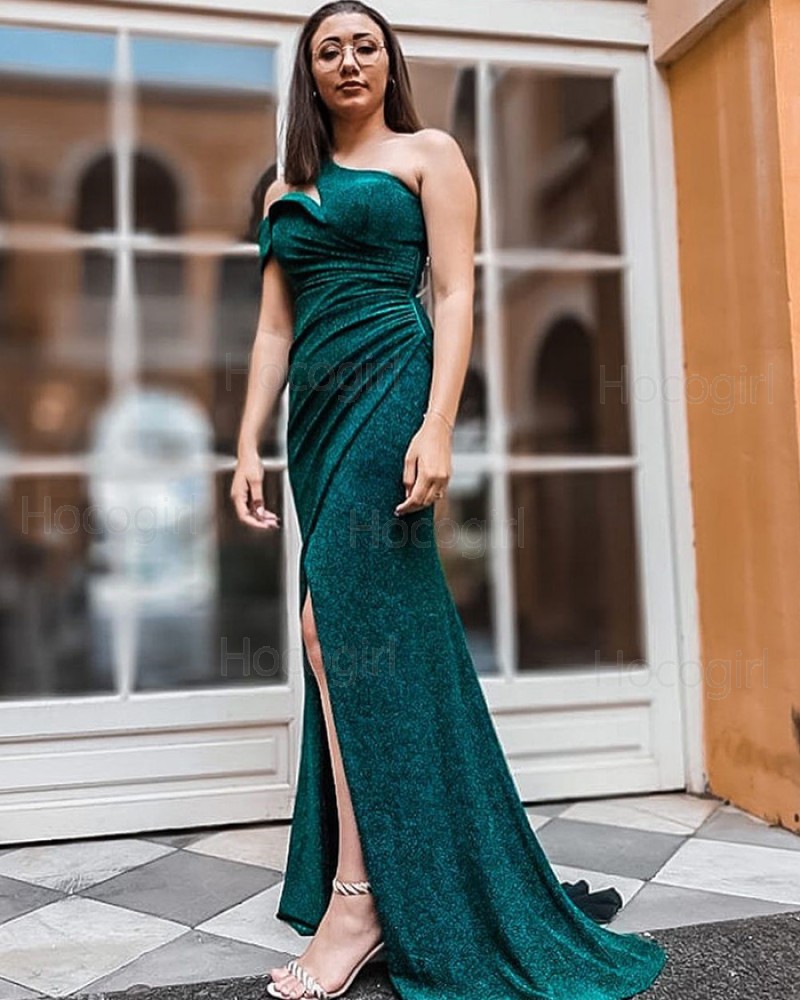 Sparkle Cutout One Shoulder Green Ruched Mermaid Prom Dress with Side Slit PD2305