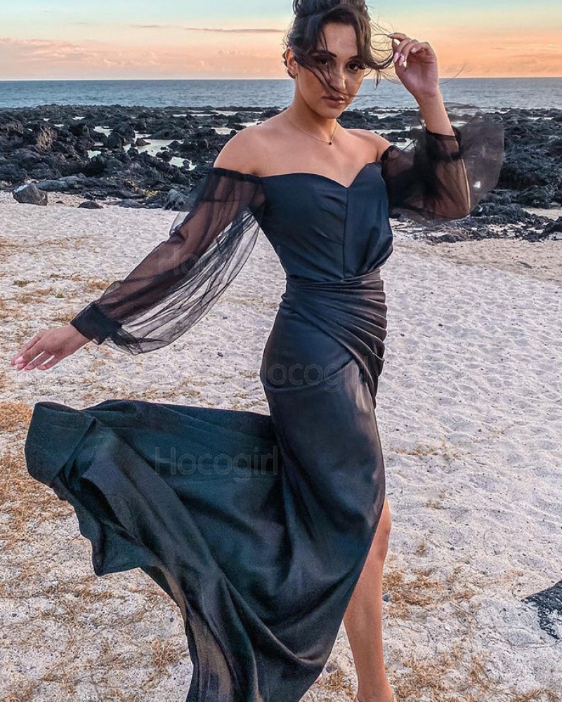 Off the Shoulder Black Ruched Satin Mermaid Prom Dress with Long Tulle Sleeves PD2307