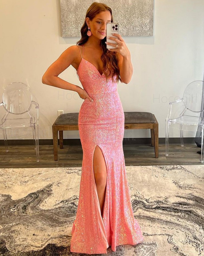 Spaghetti Straps Pink Strappy Sequin Mermaid Prom Dress with Side Slit PD2340