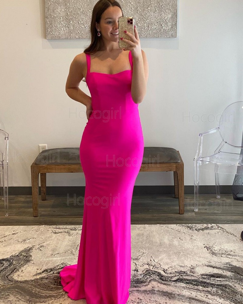 Simple Square Neckline Neon Pink Satin Mermaid Prom Dress PD2342