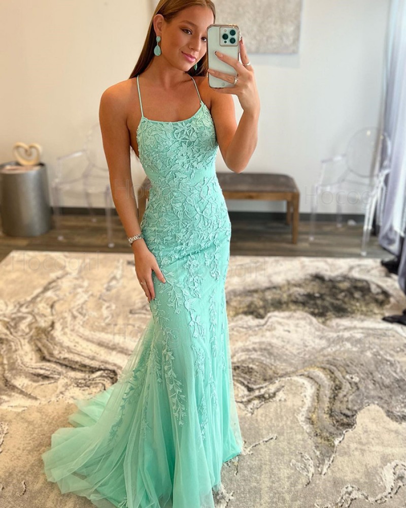 Spaghetti Straps Lace Applique Mermaid Prom Dress PD2351