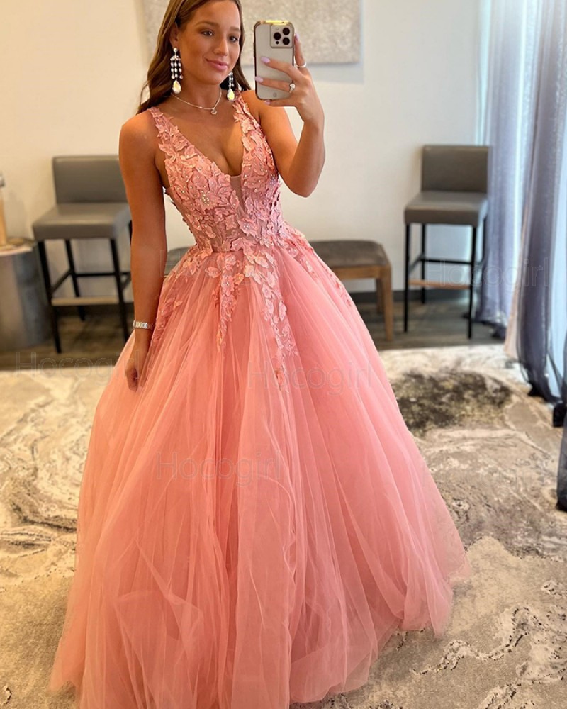 V-neck Dusty Pink Beading Tulle A-line Prom Dress with Appliqued Bodice PD2391