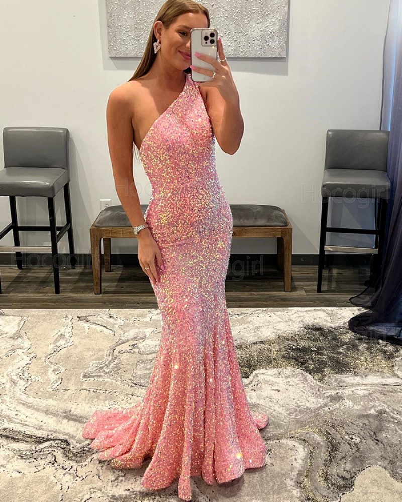One Shoulder Pink Sequin Mermaid Prom Dress PD2406