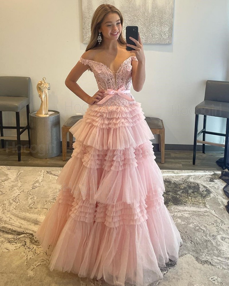 Dusty Pink Off the Shoulder Beading Applique Ruffled Prom Dress PD2429