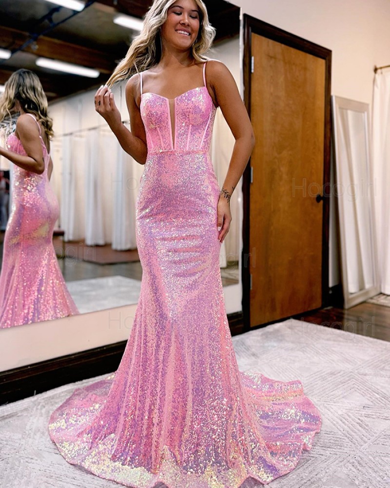 Spaghetti Straps Sequin Pink Mermaid Prom Dress PD2449