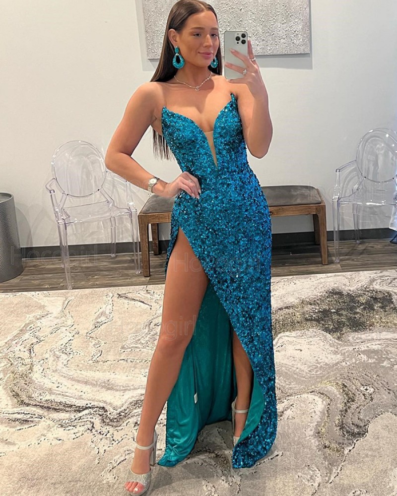 Sweetheart Sequin Lake Blue Prom Dress with Side Slit PD2490