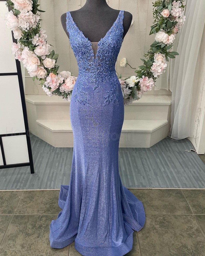 V-neck Blue Lace Bodice Metallic Mermaid Prom Dress PD2512