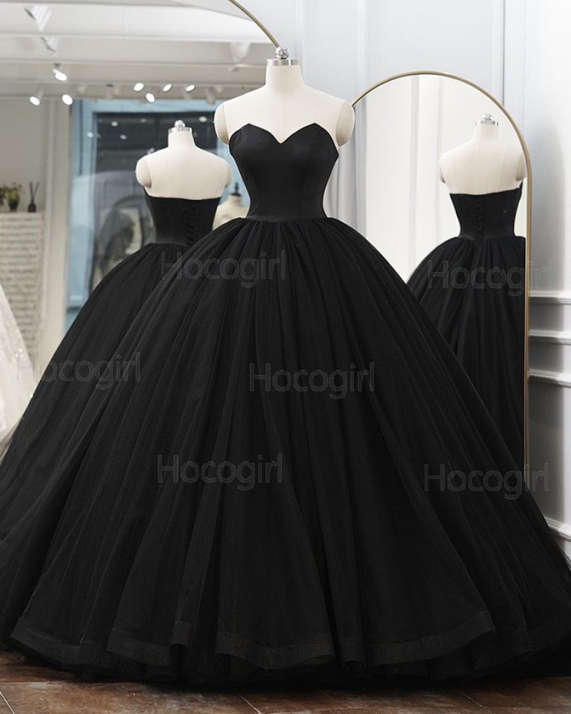 Simple Sweetheart Satin Black Ball Gown Evening Dress PD2515