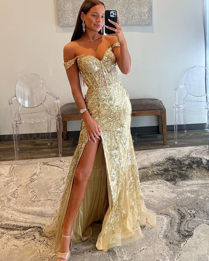 Off the Shoulder Gold Sequin Lace Mermaid Prom Dress with Side Slit PD2536