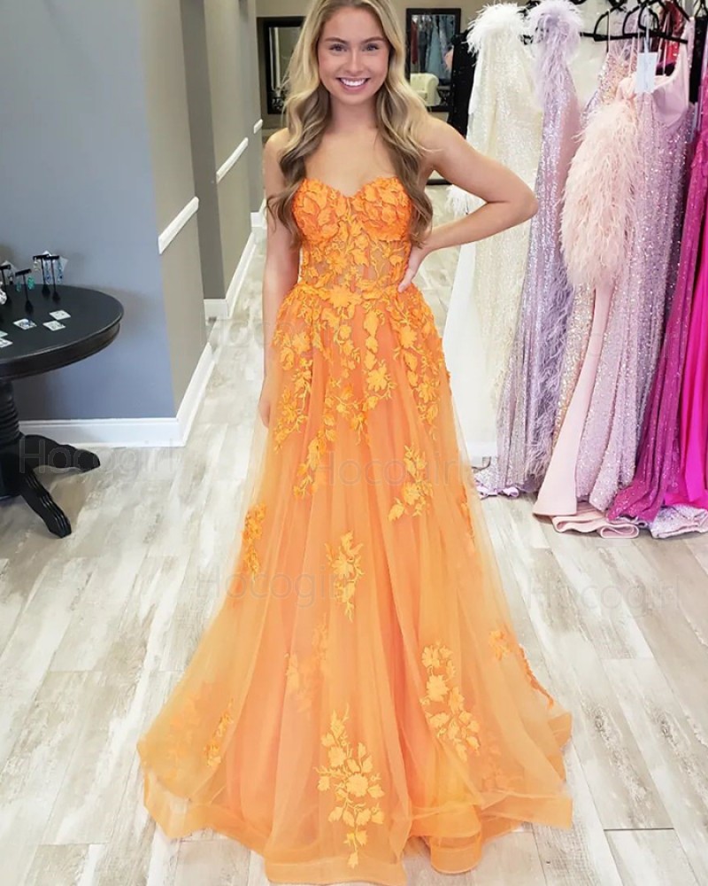 Spaghetti Straps Orange Lace Applique A-line Prom Dress PD2570