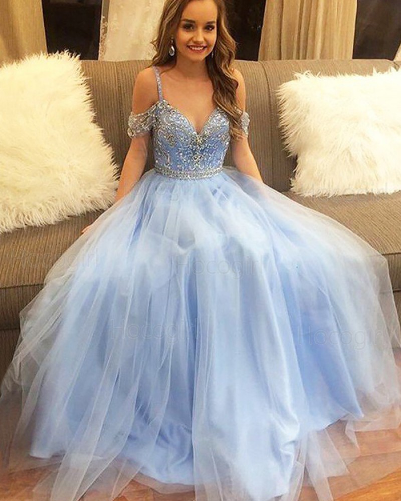 Cold Should Light Blue Beading Bodice Tulle Long Prom Dress PM1192
