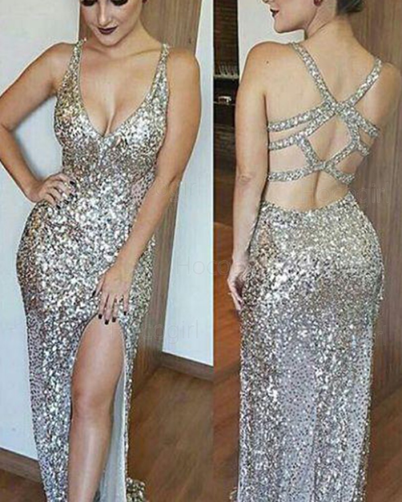 V-neck Gold Sequined Long Mermaid Style Evening Dress with Side Slit PM1263