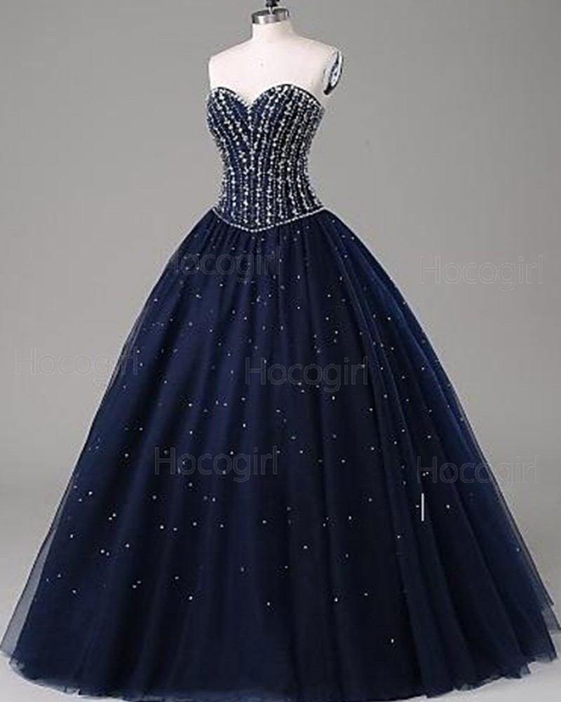 Sparkle Beading Navy Blue Sweetheart Ball Gown Prom Dress PM1268
