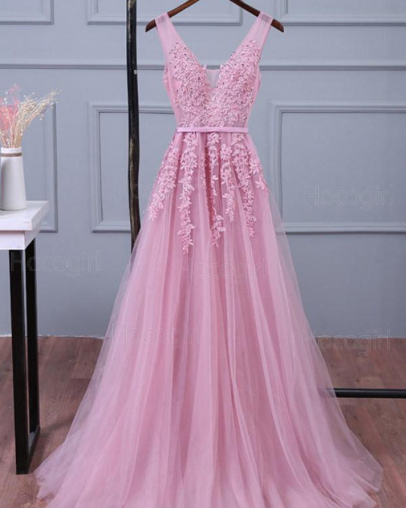 V-neck Lace Appliqued Tulle Pink Long Prom Dress PM1269