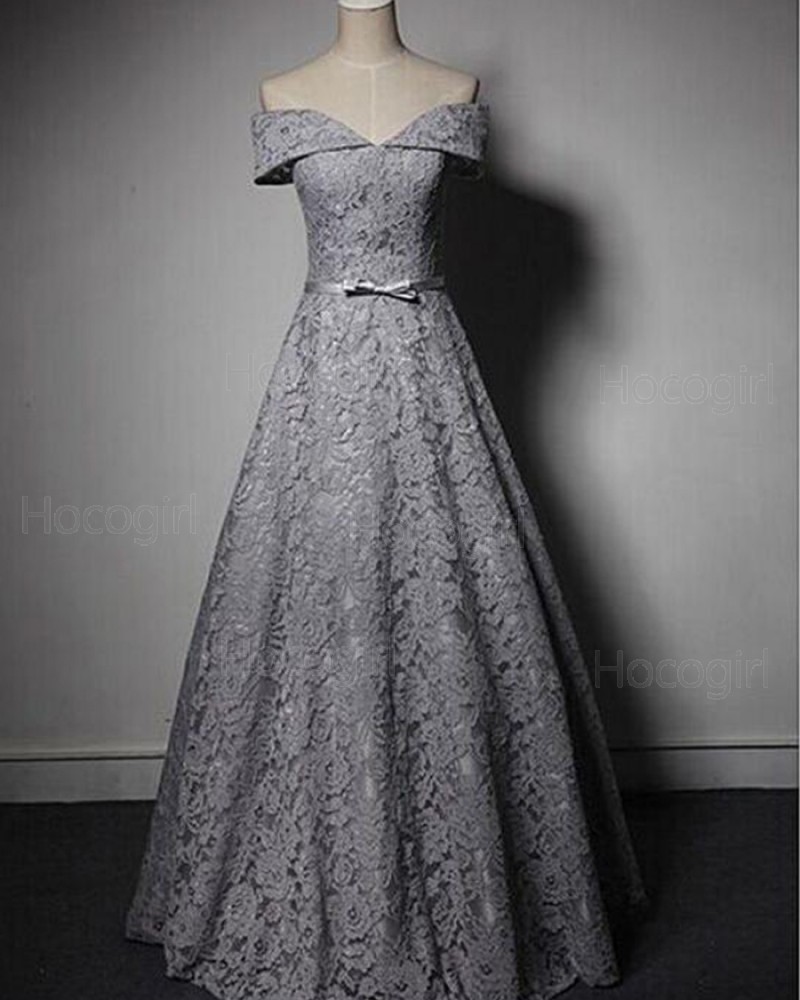 Off the Shoulder Grey Lace Ball Gown Evening Dress PM1298
