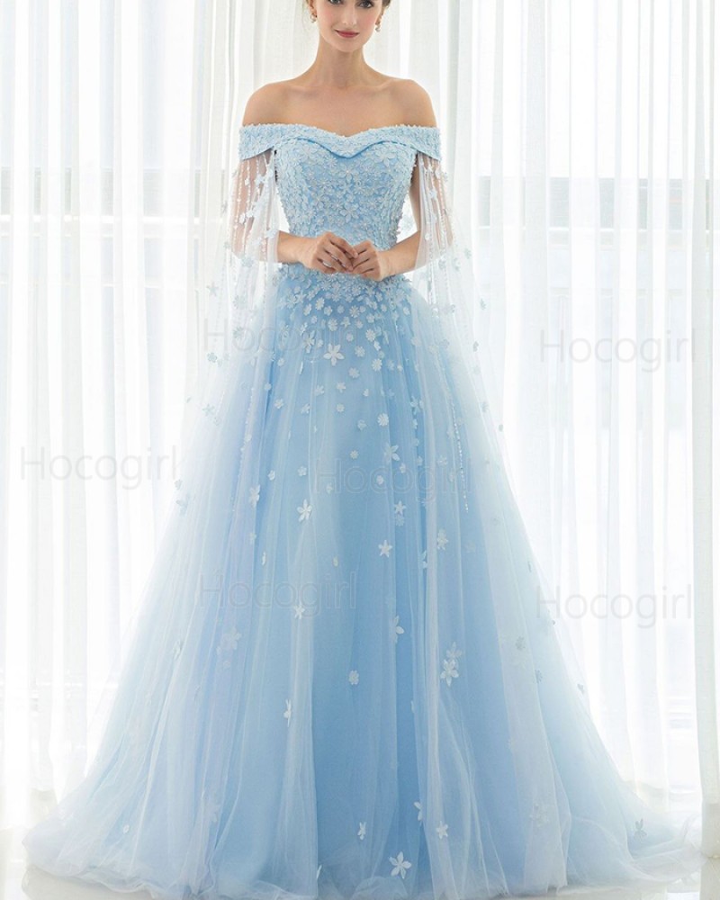 Gorgeous Light Blue Tulle Appliqued Off the Shoulder Ball Gown Evening Dress PM1331