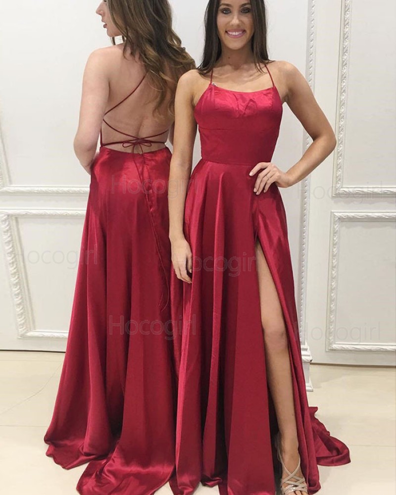 Spaghetti Straps Wine Red Satin Long Prom Dress with Side Slit PM1359